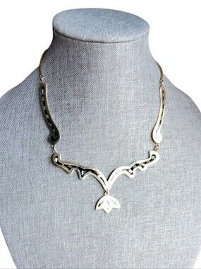 Vtg. Silver Alpaca Mexico Abalone Inlay Necklace W/ Earrings